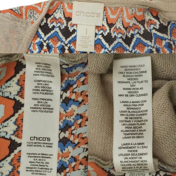 Chicos Open Front Cardigan Womens Size 1 US M/8 Sweater Tan Geometric Back - Picture 8 of 16